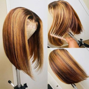 Glueless 13x6 Lace Wigs Ash Brown Highlight Brazilian Virgin Human Hair Pre Plucked Hairline (w028)